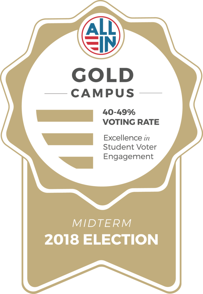 ALL IN Challenge Gold Campus ribbon for the 2018 Midterm Election awarded to campuses with a 40-49% voting rate.